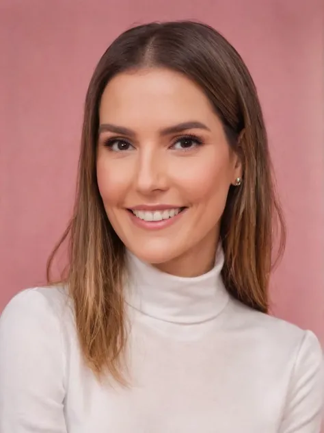 Portrait photo of d3b0r4h53cc0, white turtleneck blouse, pink background, smiling