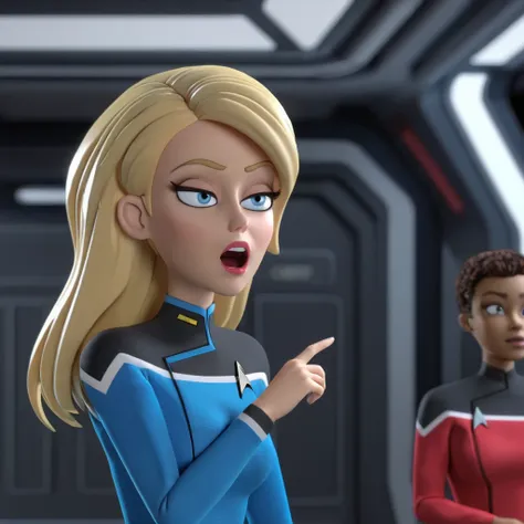 3d, 3d render,a blonde woman wearing blue starfleet uniform whispering,highly detailed, vibrant, production cinematic