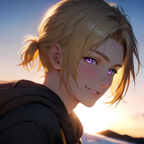 Positive Prompt: Luca, male focus, virtual YouTuber, blonde hair, purple eyes, short sidetail, tattoo, solo, stuffed toy, hoodie, smile, jewelry, looking at viewer, cinematic angle, masterpiece:1.2, best quality:1.1, highres, absurdres, high quality, photo...