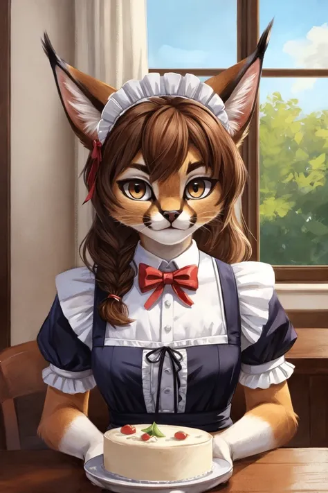 masterpiece, best quality, looking at viewer, furry cat girl,maid,brown hair,caracalcat,caracal,ningmao