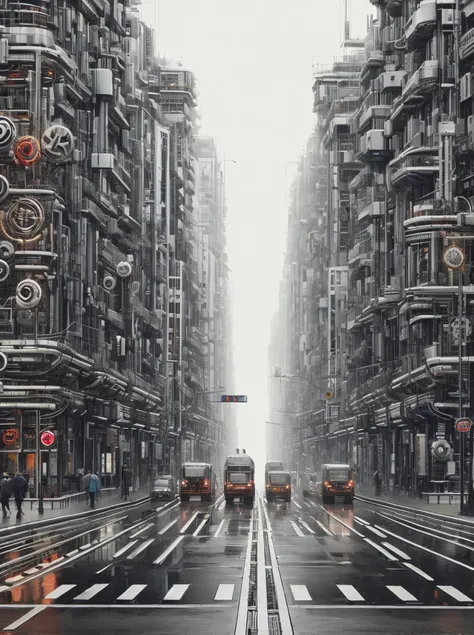 ais-mechdystopia busy avenue, with floating transports and bright signs, pedestrians moving in sync, rain creating reflective pools on the ground <lora:Mechanical_Dystopia_SD1.5:1>