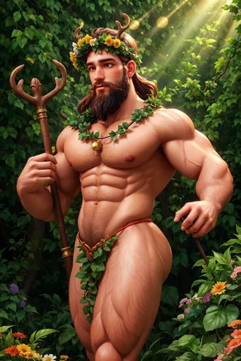 illustration of a male druid in a beautiful fantasy forest, fog, large antlers, holding staff, muscular, sunbeam, flower crown, body covered in vines and ivy, beard, swirling magic energy, flowers, best quality, masterpiece, highly detailed, realistic, (de...