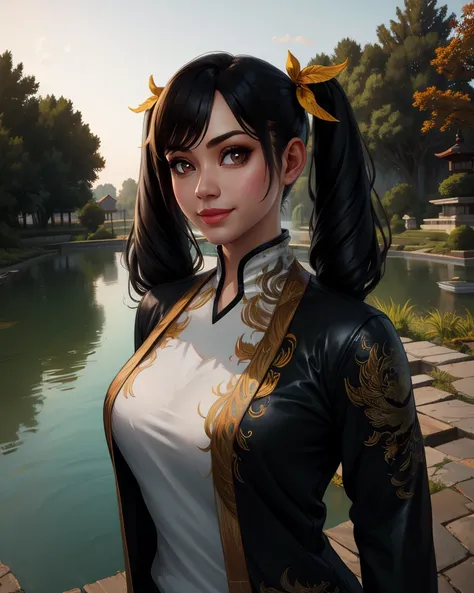 LingX,black hair,twintails,brown eyes,
white shirt,black jacket,chinese clothes,
standing,upper body,
temple,pond,dawn,
looking at viewer,smile,
(insanely detailed, beautiful detailed face,masterpiece, best quality),solo,<lora:LingXT8-12v8:0.8>,