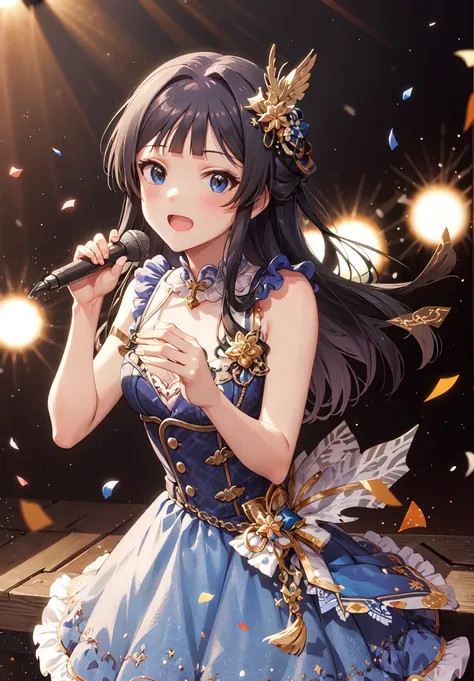 shizuka mogami (million live), (best quality, 8K, masterpiece, ultra detailed:1.2), cinematic angle, dynamic pose, light particles, lens flare, blurry, blurry background, multiple others, backlighting, falling petals, confetti, milestone celebration, scree...