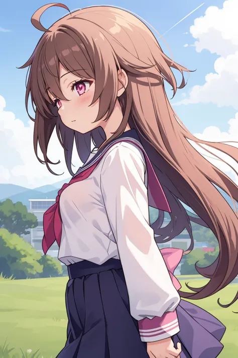 1girl,solo,light brown hair,long hair,ahoge,pink eyes,half-closed eyes,small breasts,head tilt,curvy,seishou_elementary_school_uniform,shiny_clothes,on a hill,profile,