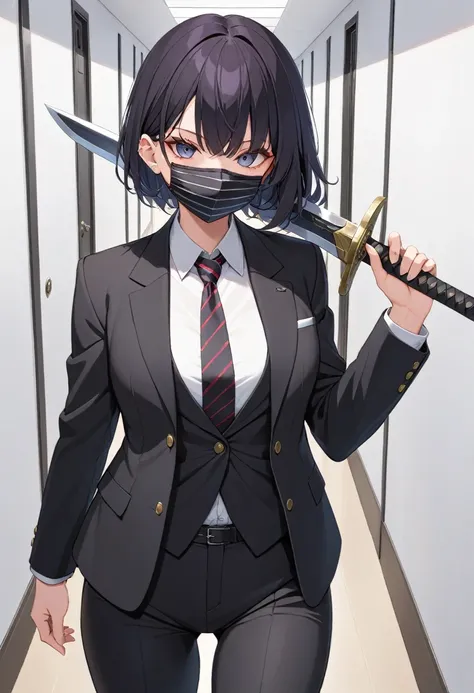 solo, 1girl, mouth mask, looking at viewer, weapon over shoulder, holding weapon, formal, suit, striped necktie, black pants, indoors, hallway <lora:concept_overshoulder_xl-000004:1>