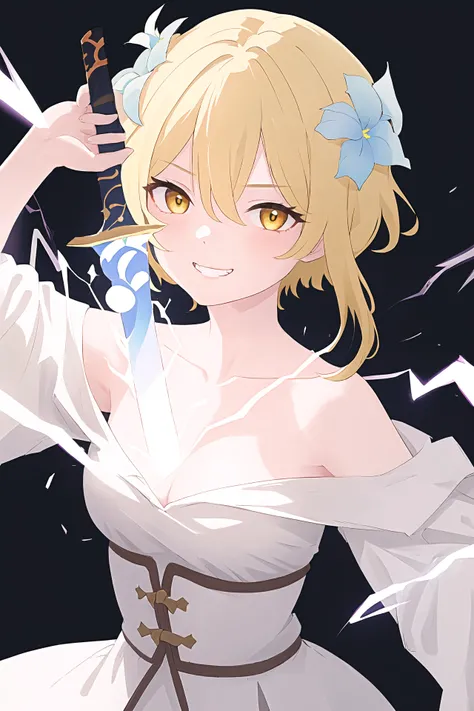 (best quality, masterpiece, highres),1girl,solo,grin,naughty_face,looking at viewer,
<lora:draw sword from chest_v1.06:1>,draw sword,electricity,from chest,hand up,
<lora:luminetest:0.7>,lumine,blonde hair,flower,hair between eyes,hair flower,hair ornament...