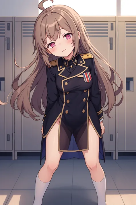 1girl,solo,light brown hair,long hair,ahoge,pink eyes,half-closed eyes,small breasts,head tilt,sex,pravda_military_uniform,see-through_silhouette,in a locker room,turning around,fullbody,