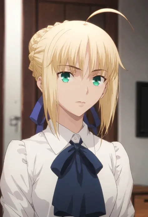 best quality, masterpiece, highres, solo, {saber_fatestaynightufotable:0.90}, 1girl, parody, anime_coloring, white_shirt, looking_at_viewer, upper_body, french_braid