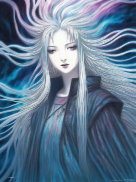 amano yoshitaka, 1girl, (dark dim dramatic atmosphere)+ 8k portrait of a girl with super long aurora hair, hair dissolving+ into bright stars, in drip modern clothing, intricate, highly detailed, digital painting, smooth, sharp focus, ((masterpiece, best q...