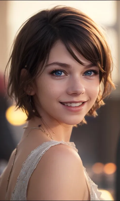 maryee2024, 1 girl, uhd, 8k, best quality, masterpiece, smile, skin pores, detailed skin, cinematic lighting, depth of field, photorealistic, raw image, closeup, focus on eyes, short hair, messy hair,