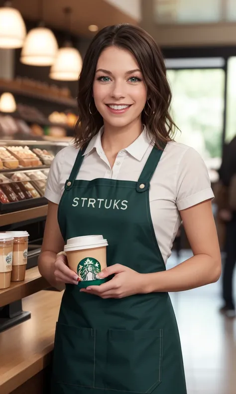 maryee2024, 1 girl, uhd, 8k, best quality, masterpiece, walking, smile, skin pores, detailed skin, cinematic lighting, depth of field, photorealistic, standing in starbucks, green apron