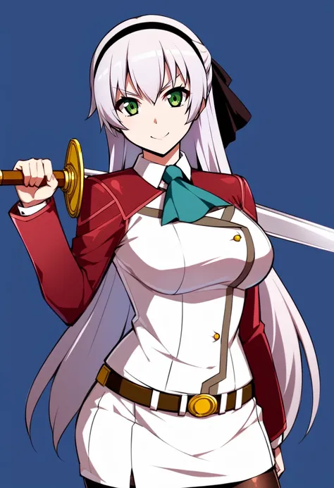 solo, 1girl, elie macdowell, smile, looking at viewer, weapon over shoulder, holding weapon, holding sword, green eyes, v-shaped eyebrows, black hairband, hair ribbon, long hair, ascot, uniform, long red sleeves, white dress, pencil skirt, belt, pantyhose ...