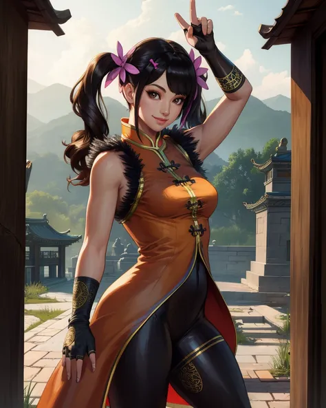 LingX,black hair,twintails,brown eyes,hair ornament,
orange coat,chinese clothes,black pantyhose,sleeveless,fur trim,fingerless gloves,arm band,
temple,dawn,
looking at viewer,smile,
(insanely detailed, masterpiece, best quality),solo,<lora:LingXT7:0.9>,