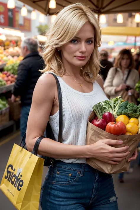 Ultra-HD-details, (lively-looks), photo of mature blonde r4nd1, shopping in a market while holding a shopping bag full of vegetables, bokeh
detailed skin texture, masterpiece, high quality, intricate details, wide angle, cinematic establishing shot, subsur...