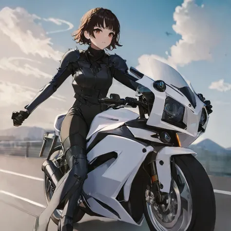 1girl, niijima makoto, weaing armor, riding on a motorcycle, (masterpiece), cinematic, beautiful light, best quality, newest, safe, absurdres  <lora:makoto_xl_rev2:1>