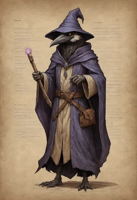 on parchment Kenku wizard design Dungeons and Dragons inspired fantasy theme full body portrait 