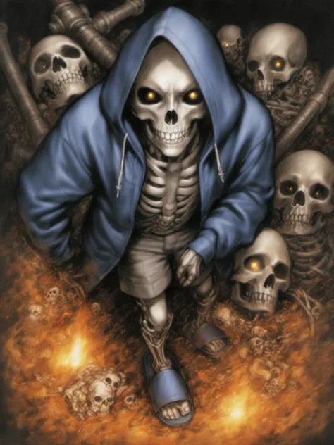 male focus,traditional media,
//,
skeleton,bone,1boy,slippers,hood,male focus,hoodie,smile,black background,glowing,glowing eye,skull,shorts,simple background,colored sclera,english text,black sclera,jacket,teeth,fire,looking at viewer,grin,solo,blue eyes,...