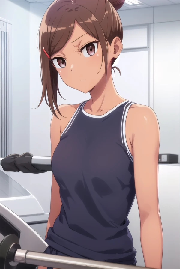 ayakauehara, <lora:ayaka uehara s1-lora-nochekaiser:1>,
ayaka uehara, brown hair, hair ornament, (brown eyes:1.5), hairclip, dark skin, hair bun, dark-skinned female, single hair bun,
BREAK shirt, white shirt, shoes, shorts, sleeveless, black footwear, sle...