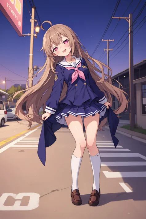 1girl,solo,light brown hair,long hair,ahoge,pink eyes,half-closed eyes,small breasts,head tilt,sex,hikarizaka_private_high_school_uniform,layered_clothing,power lines,full body,fullbody