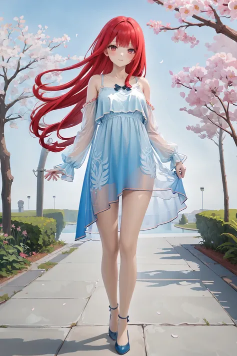 masterpiece,best quality,highres,ultra-detailed,full body,solo,1girl,medium_breasts,long hair,red hair,standing,outdoors,garden,cherry blossom,trees,chiffon_dress,(see-through:1.2),