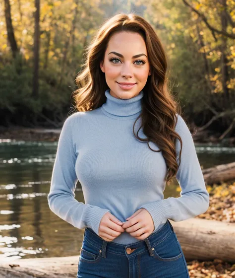 <ad1el30>, Gorgeous girl, perfect eyes, natural uniform background, 100mm blur, warm light, upper body, smile, jeans, Marmore Falls, Turtleneck