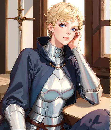 masterpiece, high res, detailed face, detailed eyes, anime screencap, 1 girl, solo, blonde, very short hair, male haircut, blue eyes, tall woman, mature, muscular, blue outfit, armor, sitting, indoors, medieval town, drinking ale, closeup. ((laughting)) <l...