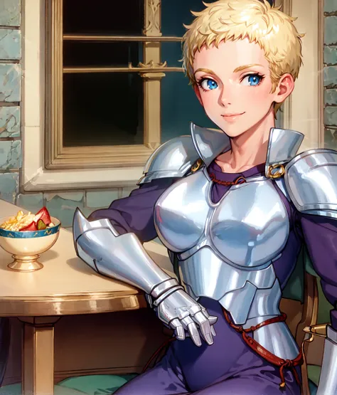 masterpiece, high res, detailed face, detailed eyes, anime screencap, 1 girl, solo, ((laughting)) smile, blonde, very short hair, male haircut, blue eyes, tall woman, mature, muscular, blue outfit, armor, sitting, indoors, medieval town, drinking ale, clos...