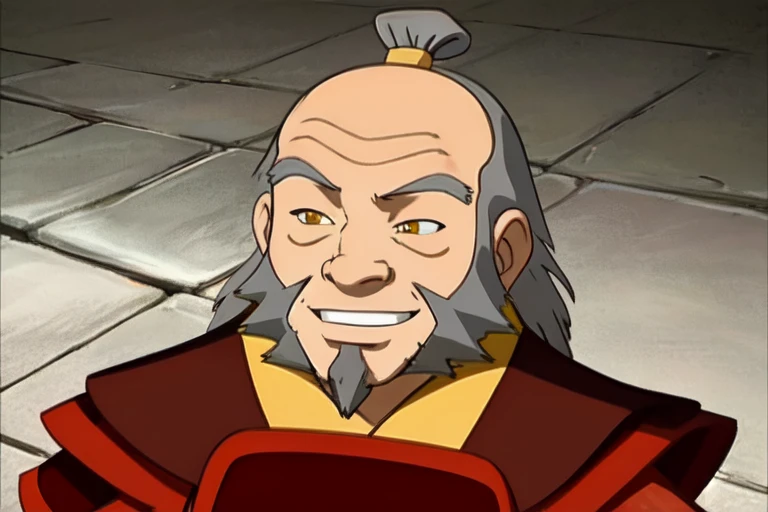 <lora:uncleiroh-10:1>, uncleiroh, old man, 
yellow eyes, 
grey hair, hair bun, facial hair, mustache, 
red armor, 
happy, smile,