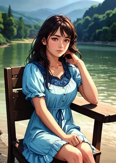 a photo of girl, 22 years old woman sitting on a chair at the riverbank, (light summer dress:1.4),, (intricate details:0.9), (hdr, hyperdetailed:1.2), (natural skin texture, hyperrealism, soft light, sharp), (cinematic look:1.4), soothing tones, insane det...