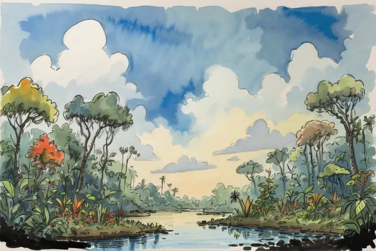 ink and wash, rough ink sketch, colorful, morning, blue sky, clouds, scenery, in a Changelings Mimicry Jungle<lora:EnvyInkAndWashXL01:0.3>