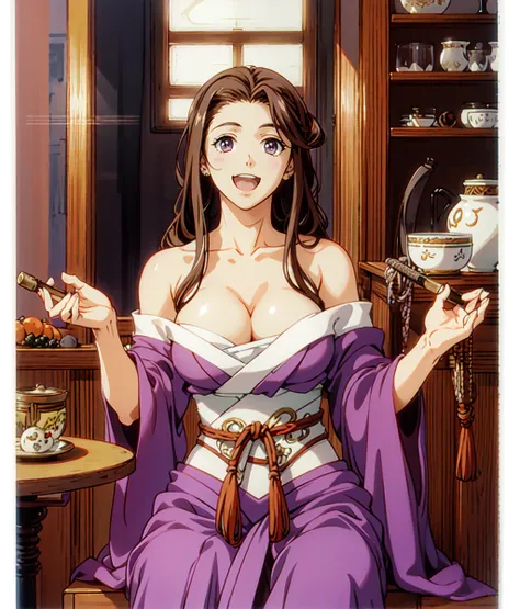 masterpiece, high res, detailed face, detailed eyes, anime screencap, 1 woman, big woman, woman, sitting, smiling, open mouth, gourd, drinking, indoors, tavern, purple kimono, bare arm, wristband, bandages, long hair, laughting, standing, cowboy shot  <lor...