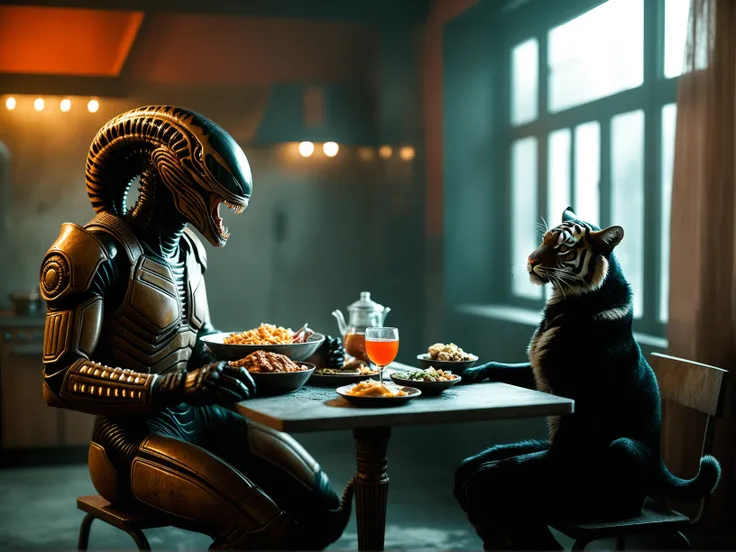 (realistic hand gesture:0.875), full body cinematic still, raw photograph of (xenomorph husband:1.15) and his (furry anthropomorph [tiger:human:0.5] wife:1.3) by the table with served food, ampir decor style kitchen, (fine art parody:0.775), (red-gold-blac...