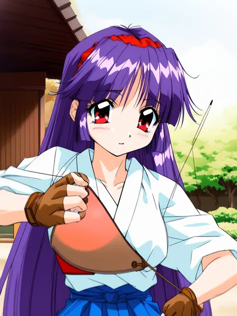 <lora:Shiraishi_Yumiko:0.8>,ShiraishiYumiko, 1girl, breasts,1girl,purple hair,long hair,red eyes, solo, hairband, kyudo,japanese clothes, (breastplate:1.2), hakama, partially fingerless gloves,drawing bow,holding arrow,aiming, fighting_stance,