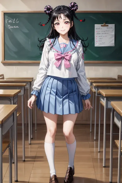 mahoro, 1girl, black hair, solo, double bun, bangs, long hair, braid, pink eyes, two-tone hair,school uniform,serafuku, light blue sailor collar, (frilled sailor collar), light blue pleated skirt, pink bow, frilled sleeves, (bandaid on knee:1.1), white soc...