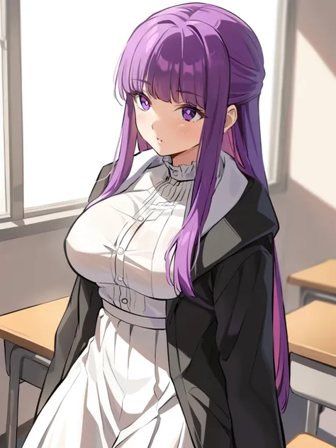 <lora:xl_Fern4:1>,fern is a girl with purple long hair and purple eyes,she is wearing the "feilun" outfit which includes black long coat and white long dress,classroom, solo,, masterpiece, best quality,