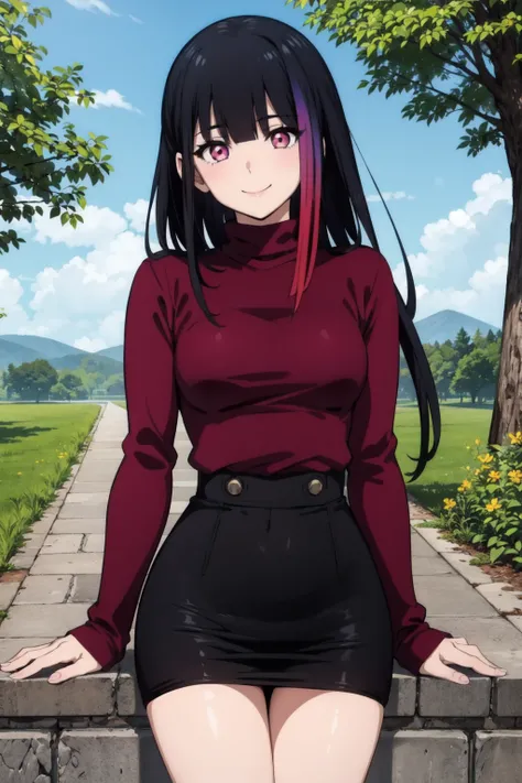 rouge redstar,1girl, solo, long hair,black hair,streaked hair, pink eyes, red sweater, black pencil skirt, blunt bangs, looking at viewer,seductive smile, cowboy shot,stone wall,small breasts, (best quality, masterpiece),blue sky,tree, thigh  <lora:rougue_...