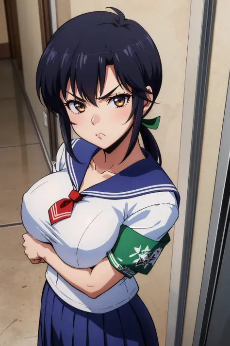 masterpiece, best quality, <lora:misumirin-nvwls-v1-000008:0.8> misumirin, low ponytail, hair ribbon, serafuku, short sleeves, white shirt, blue skirt, armband, (huge breasts:0.9), looking at viewer, furrowed brow, pout, cowboy shot, hallway, from above