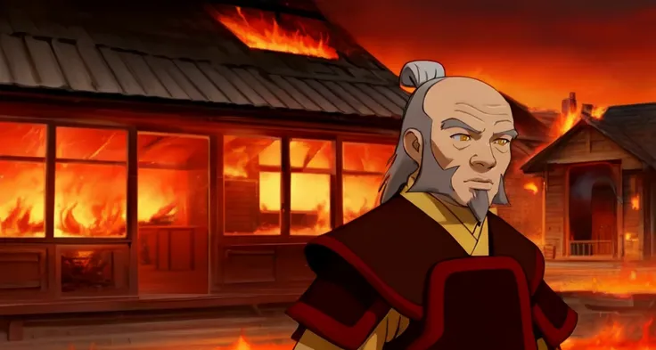 <lora:uncleiroh-10:0.8>, uncleiroh, old man, 
yellow eyes, 
grey hair, facial hair, mustache, 
hair bun, 
((house in fire, fire))