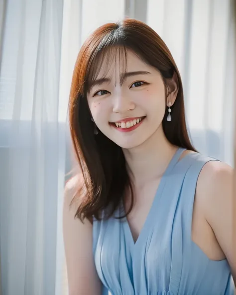 a beautiful picture of Suzuk1Air1_v2, masterpiece, photorealistic, woman, detailed, 4k, light, RAW color photo,(fully in frame:1.1), (goosebumps:0.5),asian,idol,smiling <lora:Suzuk1Air1:1>  wearing a blue dress