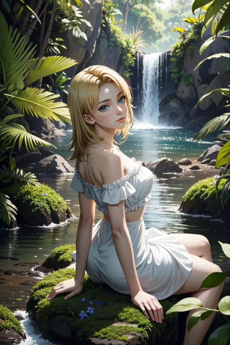 ((ultra detailed, masterpiece, absurdres))
 <lora:DOATina:0.9>
DOATina, 1girl, solo, blonde hair, dress, sitting, Cascading tropical waterfall, surrounded by vibrant flora, dynamic lighting