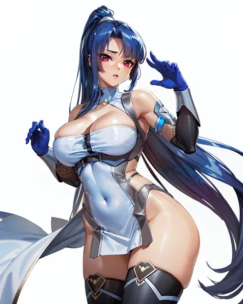 masterpiece, highest quality, intricate (high detail:1.1), cinematic shot, (volumetric lighting), (simple background), facing viewer,  solo, yatsu murasaki, long hair, blue hair, ponytail, very long hair, red eyes, large breasts, dress, leotard, cleavage, ...