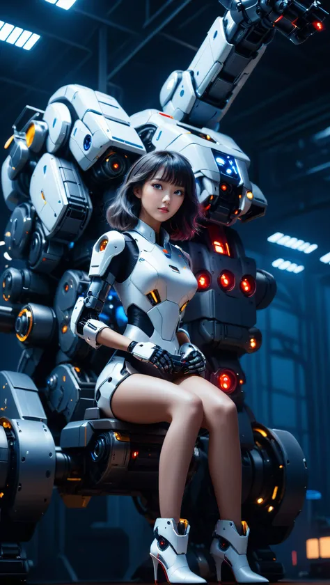 cinematic film still ((full_shot:1)),wide_shot,panorama,cowboy_shot,(a girl sits on the robot arm:1.2),the mecha set wraps around the whole body,(wearing a gray high-heeled shoe with technological light elements:1.2),a girl wearing a mecha style,a set full...