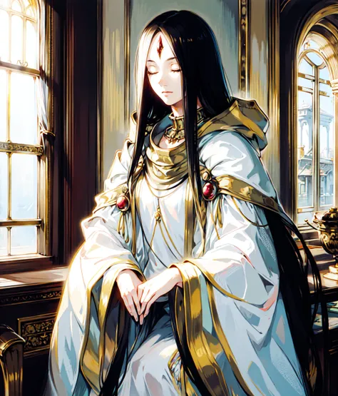 masterpiece, high res, detailed face, detailed eyes, anime screencap, 1 girl, long hair, black hair, eyes closed, forehead jewel, white tunic, hood, arms towards the sky, from behind, outdoors, full body, sitting, chair, library, cowboy shot  <lora:Leknaat...