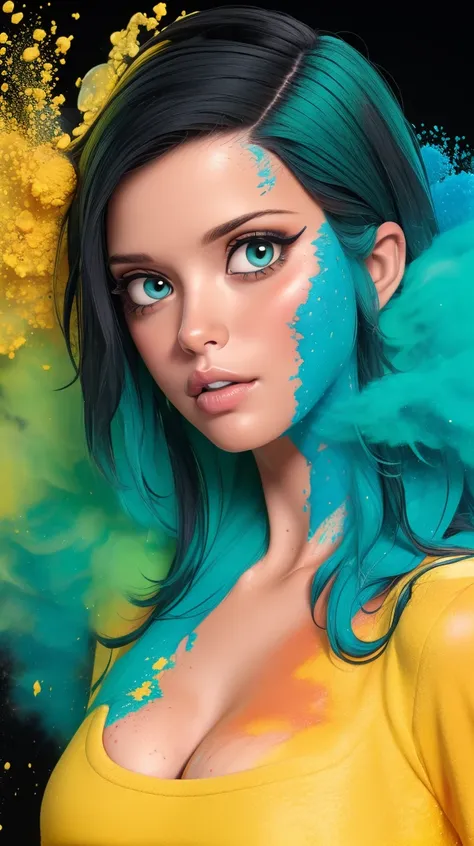 <lora:Sexy-Brazilian:1>  black curly hair, hazel eyes, full lips, yellow powder, deep blue powder and green powder splashes on background, high quality photography, <lora:powder_v1.0:1>