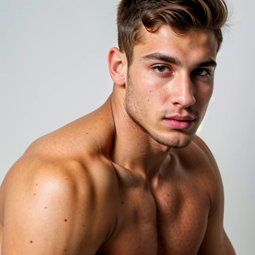 an extreme closeup front shot photo of a  23yo muscular Spanish male athlete with tanned skin, defined slim nose, square jawline, pouty lips, hazel eyes (naked:1.3), short cropped dark blonde hair, strong pecs, strong legs,(white background:1.3), relaxed f...