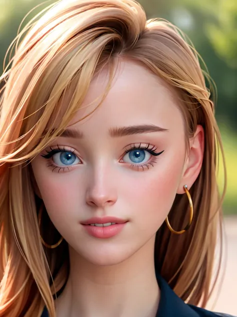 Realistic photo of a beautiful ph03b3d woman, 1girl,solo,long hair,looking at viewer,blue eyes,blonde hair,jewelry,green eyes,earrings,outdoors,parted lips,teeth,blurry,lips,blurry background,portrait,realistic,nose, soft lighting, professional Photography...