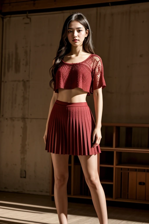 1girl, long hair, y, cinematic lighting, masterpiece, high quality, best quality, 1080p, 8k, full body shot
<lora:Crochet_Top_Overhang_By_Stable_Yogi:0.8> red crochet shirt, crop top overhang, pleated skirt, collarbone, cowboy shot