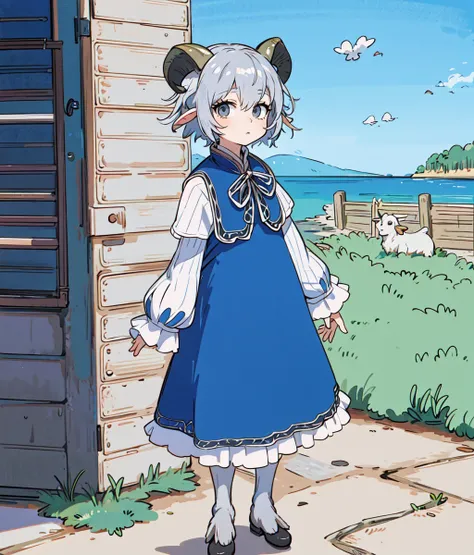 masterpiece, high res, detailed face, detailed eyes, anime screencap, 1 girl, nostalgic, short hair, grey hair, grey eyes, looking at horizon, cliff, goat horns, goat legs, faun, blue dress, cowboy shot, full body, outdoors  <lora:Yohn:1>