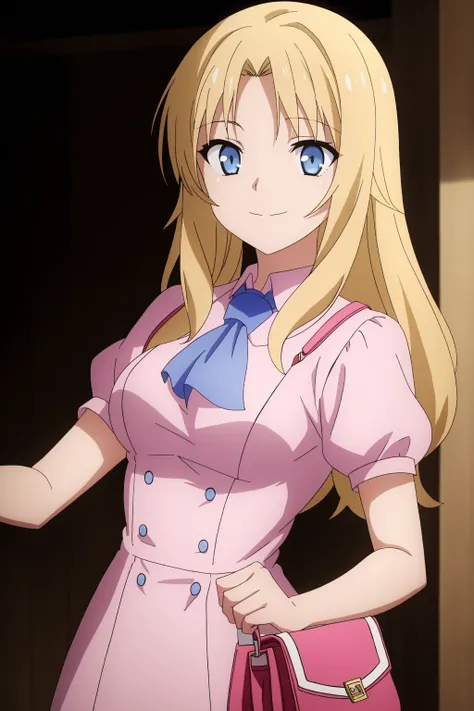 ((best quality)),((highly detailed)),masterpiece,absurdres,detailed face,beautiful face,(detailed eyes, deep eyes),1girl,((dynamic pose)) ,   <lora:Rita_V1.4:0.7>Rita, solo, blonde hair, long hair, blue eyes, smile, bag, looking at viewer, pink shirt, shir...